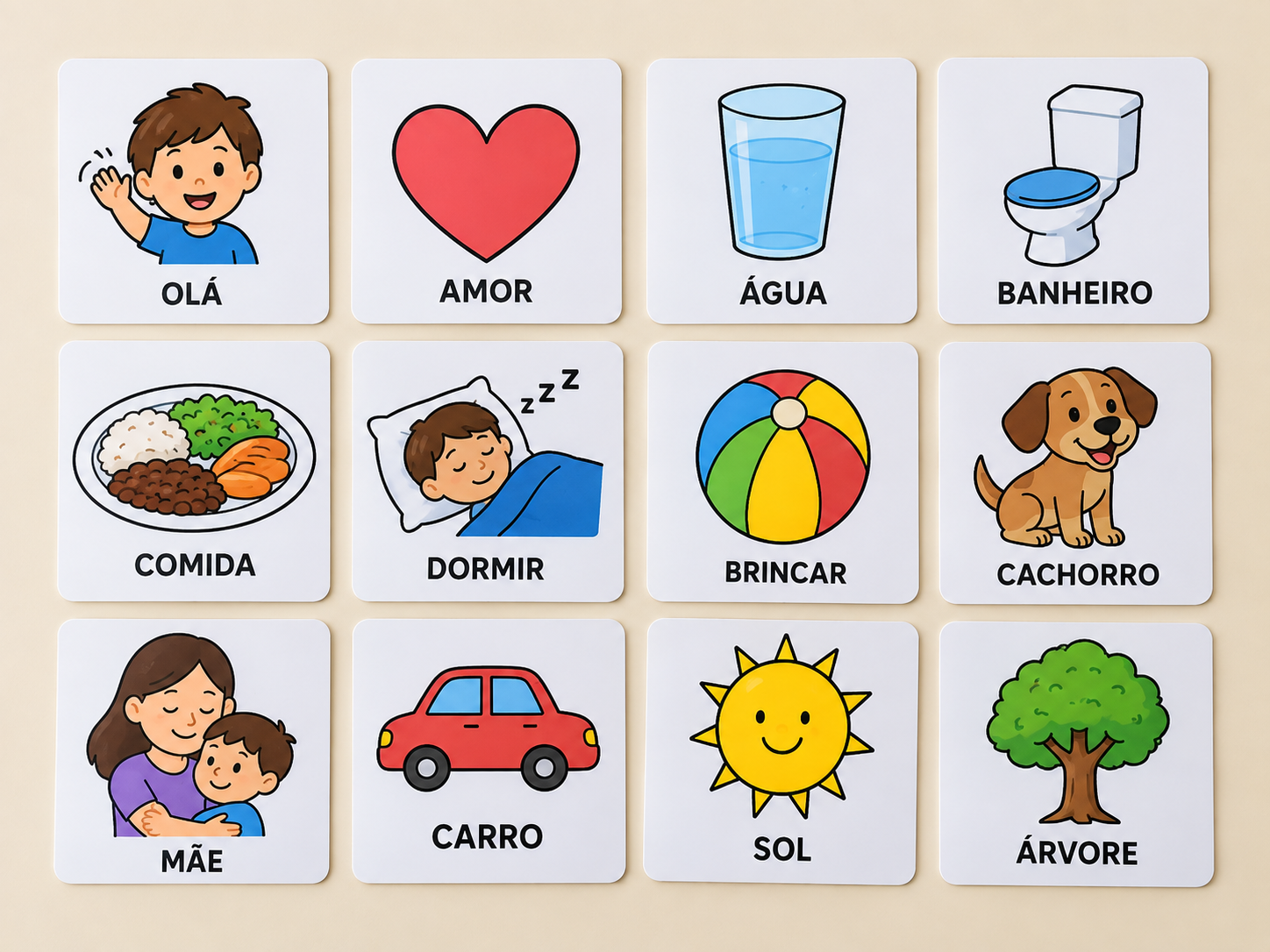 Doze Cards da Fala Autista impressos, com figura e palavra