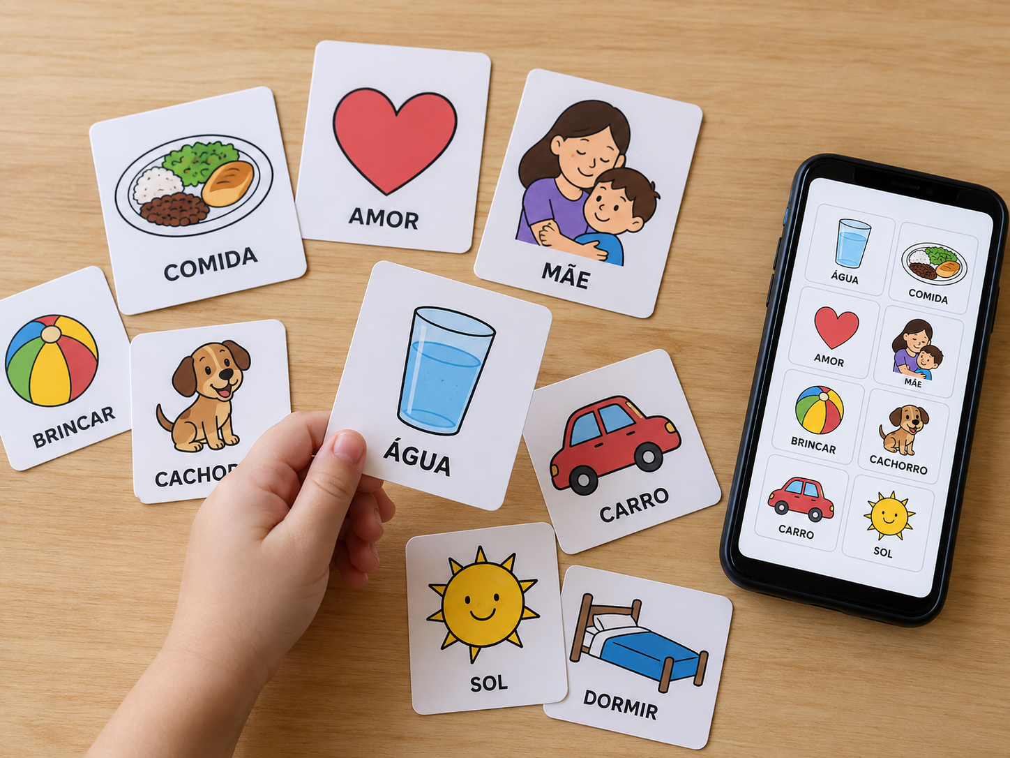 Cards da Fala Autista impressos e recortados sobre a mesa, com a mão de uma criança pegando um card